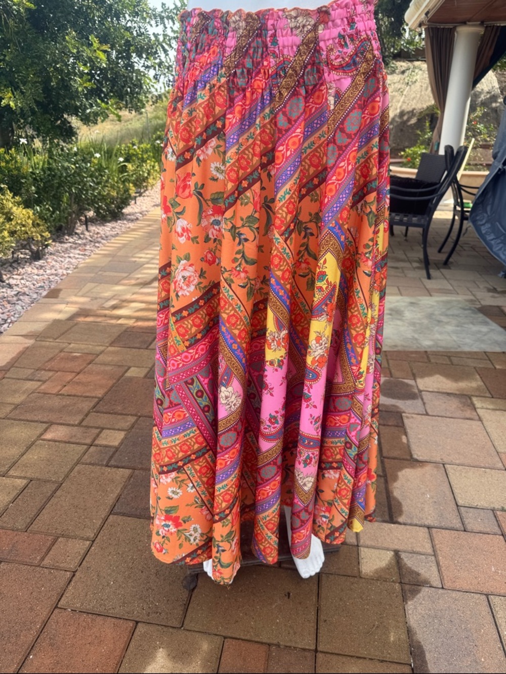 Calypso St. Barth Vibrant Paisley Floral Maxi Skirt in Orange & Pink